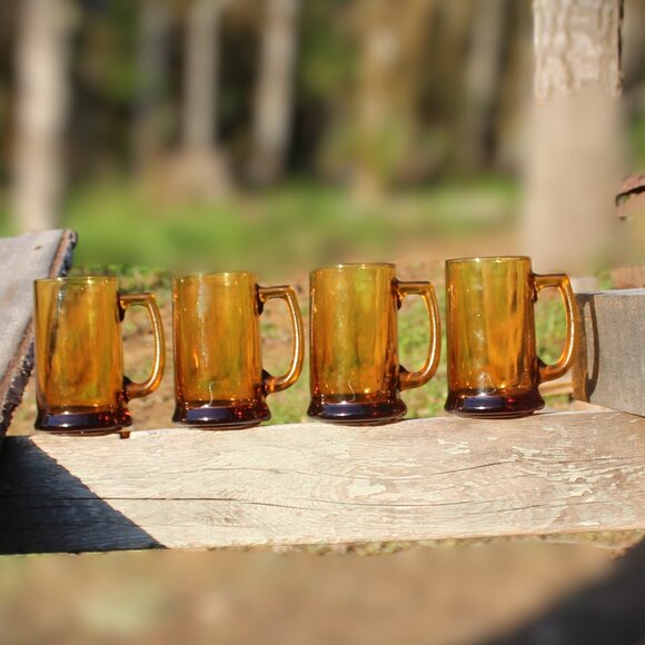 Set of 4 Hazel Atlas Amber Beer Stein Glasses mug vintage mid-century retro - Picture 10 of 11